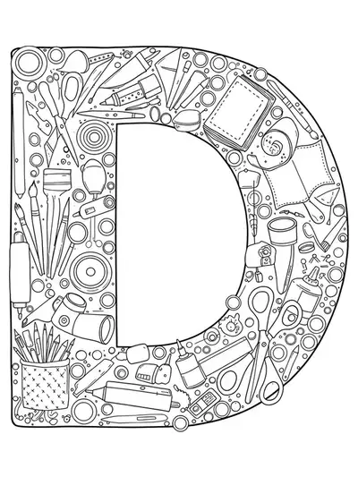Letter D surrounded by DIY tools: paint brushes, scissors, glue, fabric, and craft supplies.