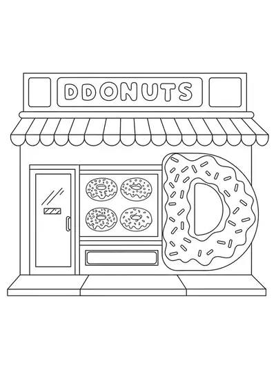 Easy coloring page with the letter D next to a donut shop window and outlines of donuts.