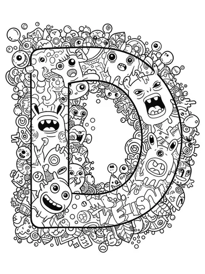 Letter D filled and surrounded by graffiti-inspired doodle art, abstract shapes, and quirky monsters.