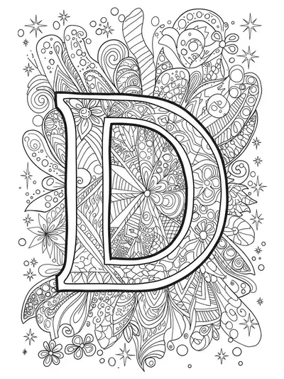 Easy coloring page with the letter D surrounded by simple abstract doodle patterns like stars, lines, and shapes.