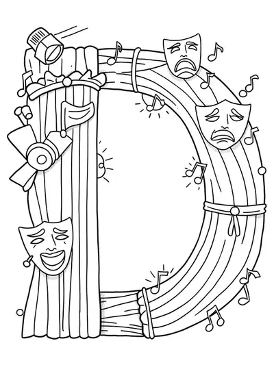 Letter D with stage curtains, spotlights, masks, and theatre props.