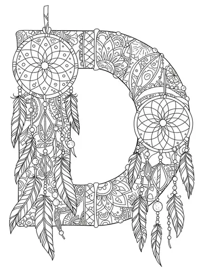 Letter D decorated with dreamcatchers, feathers, beads, and mandala patterns.