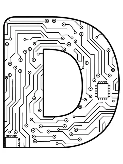 Letter D integrated with detailed futuristic circuit board and technology patterns.