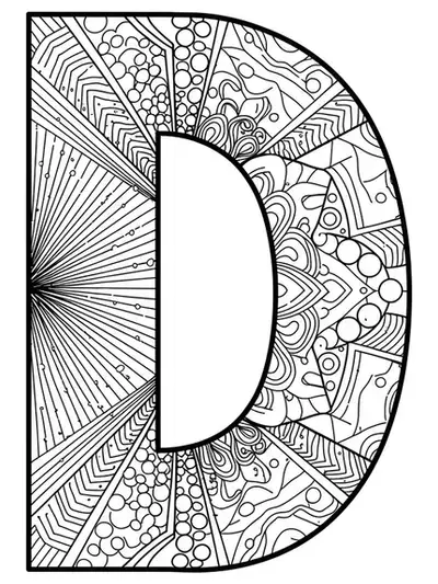 Letter D decorated with medium-detailed geometric optical illusion patterns for adult coloring.