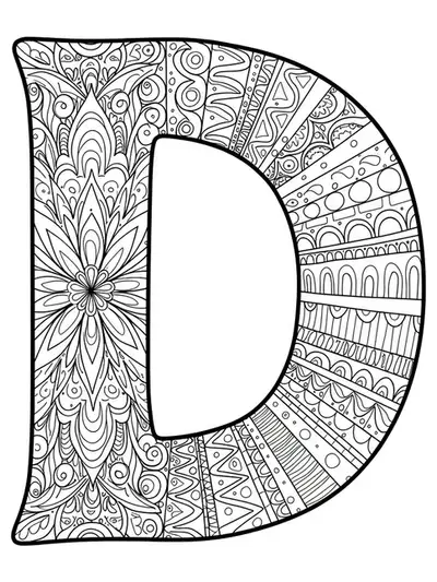 Letter D adorned with detailed tribal patterns and motifs from diverse cultures.