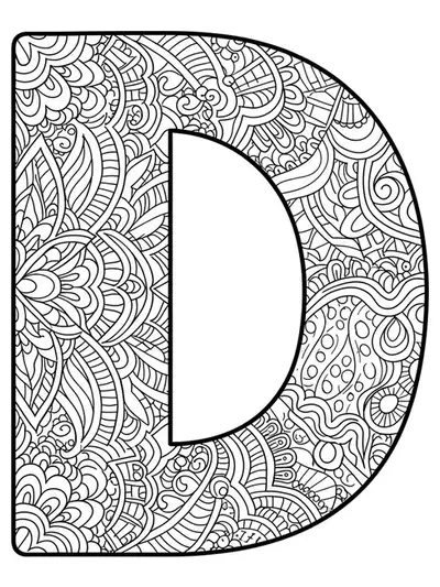 Letter D filled with medium-detailed tribal patterns for adult coloring.