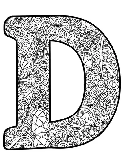 Letter D filled and surrounded by detailed Zen tangle patterns for adult coloring.