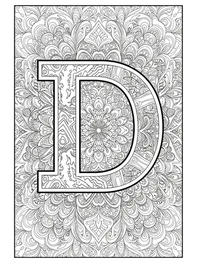 Detailed letter D coloring page with graffiti and mandala patterns for teens, black and white line art.