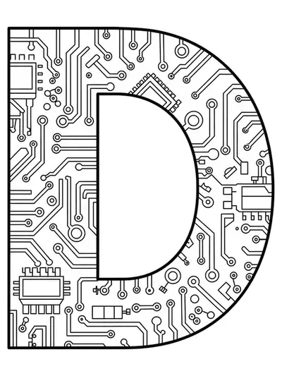 Letter D decorated with medium-detailed mechanical circuit board patterns for adult coloring.