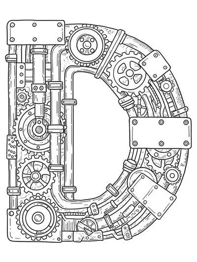 Steampunk mechanical gears and cogs intricately integrated within the letter D.