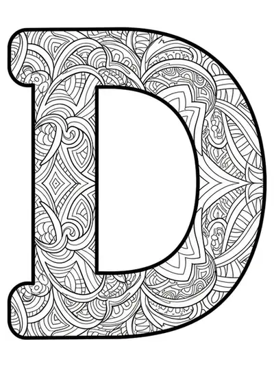 Letter D filled with intricate optical illusion patterns creating depth and movement.