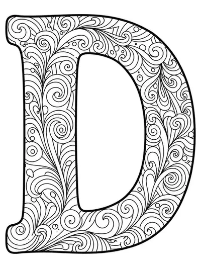 Letter D decorated with medium-detailed retro 70s swirls and geometric patterns for adult coloring.