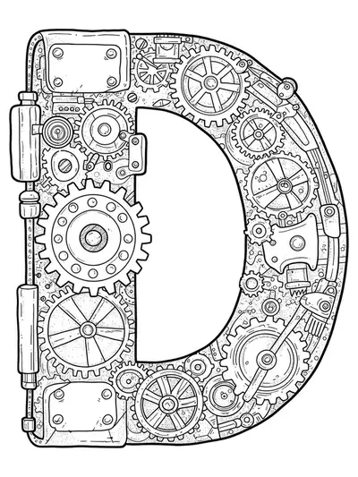 Letter D decorated with medium-detailed steampunk gears and cogs for adult coloring.