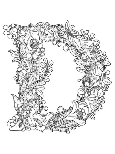 Letter D entwined with detailed vintage botanical flowers, leaves, and vines.