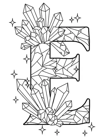 Letter E surrounded by various geometric crystal shapes and facets in black and white line art.