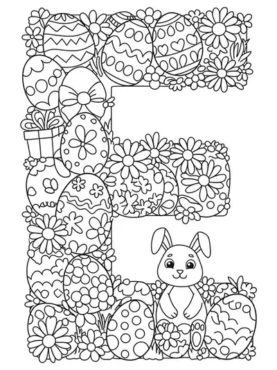 Big letter E with Easter eggs, bunny and spring flowers around, medium detail for preschool coloring.