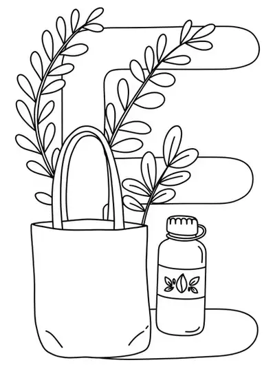 Letter E with tote bag, reusable water bottle, and plant leaves, easy outlines
