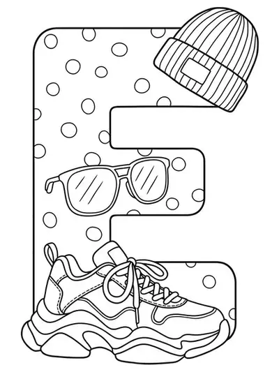 Letter E with chunky sneakers, sunglasses, and a beanie, easy outlines