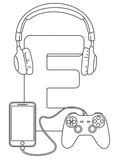 Letter E with headphones, smartphone, and game controller, easy outlines