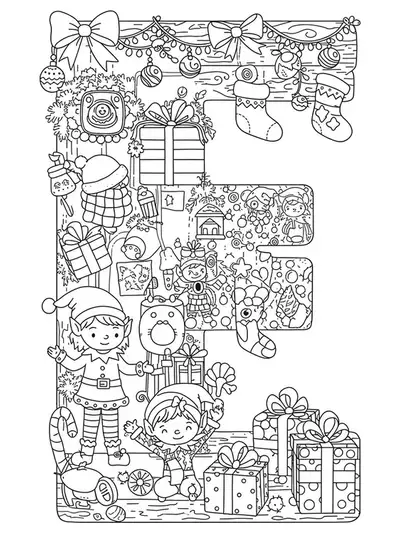 Large letter E with happy elves, presents, and Christmas decorations around, medium details for preschool.