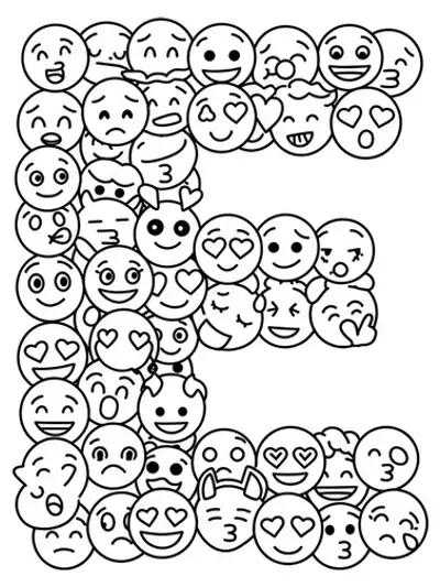 Letter E with popular emojis like smiley faces and heart eyes, easy outlines
