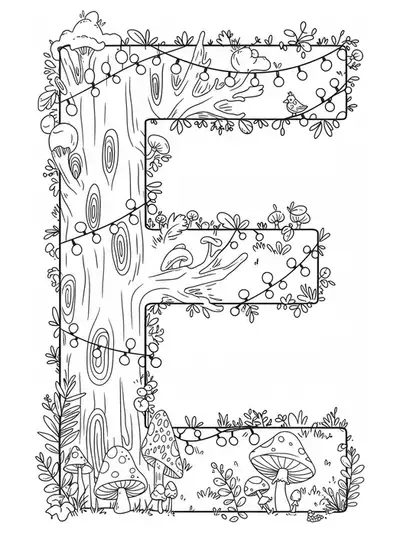 Letter E in an enchanted forest with simple trees, mushrooms, and fairy lights