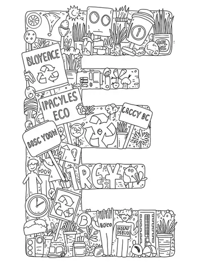 Letter E with protest signs and recycling symbols, easy outlines