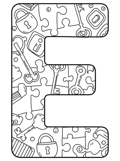 Letter E with keys, locks, and puzzle pieces, easy outlines