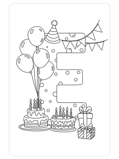 Letter E with balloons, birthday cake, and party hats, medium detail for preschool celebrations.