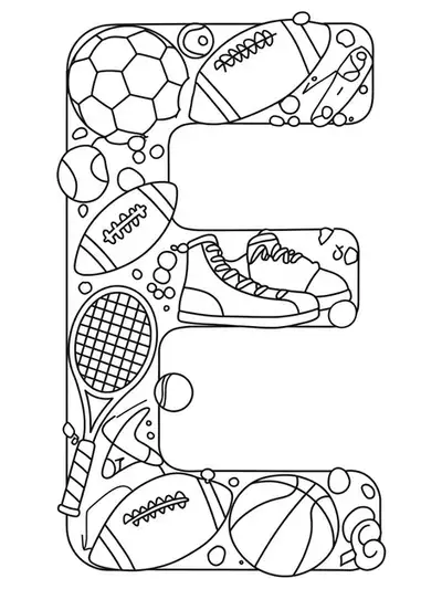 Letter E with soccer ball, basketball, tennis racket, and other sports gear, medium detail for preschool.