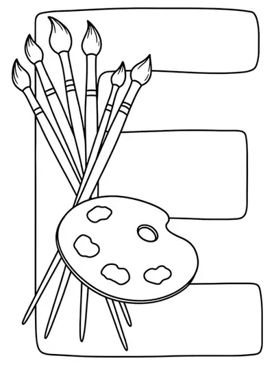 Letter E with paintbrushes and an artist palette, easy outlines