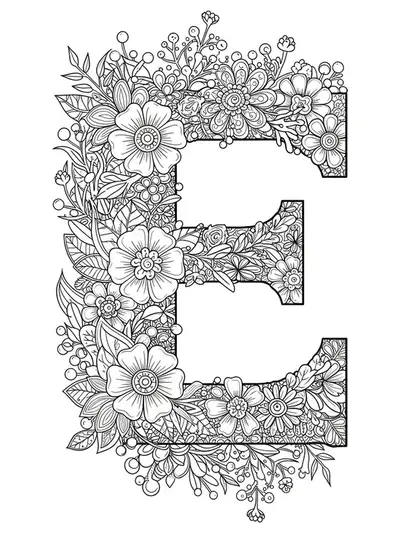 Letter E surrounded by intricate botanical mandala patterns with flowers, leaves, and vines, hard coloring page for teens.