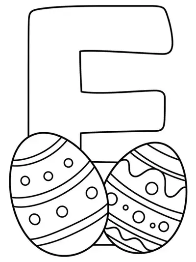 Simple letter E coloring page with large Easter eggs and basic shapes, suitable for preschoolers