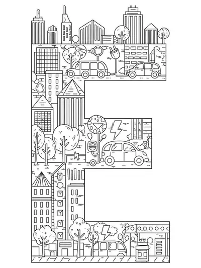 Printable medium difficulty coloring page of the letter E with eco-friendly city elements for teens.