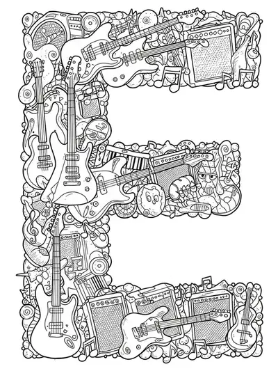 Black and white coloring page of the letter E made from electric guitars, notes, and amps for teens.