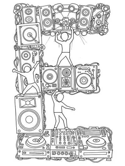 Printable coloring page of the letter E integrated with electronic music festival elements, medium detail for teens.
