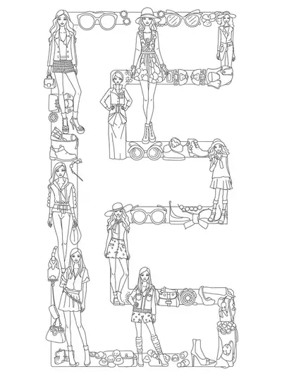 Black and white line art of the letter E made from fashion runway elements with models and accessories.