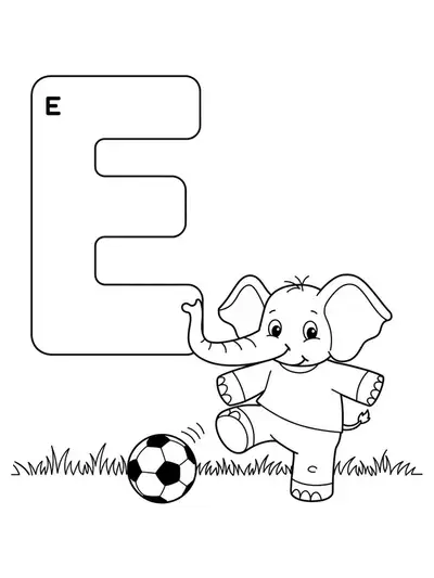 Letter E coloring page with a cartoon elephant kicking a soccer ball, easy and fun for preschoolers