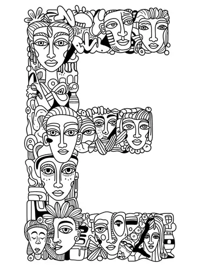Line art coloring page of the letter E made from expressive street art and graffiti for teens.
