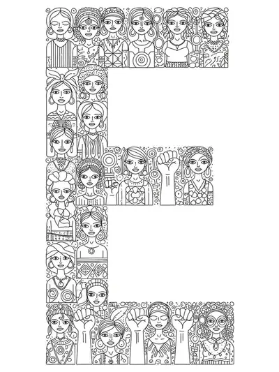 Printable line art of the letter E made from diverse empowered women and symbols, medium difficulty for teens.