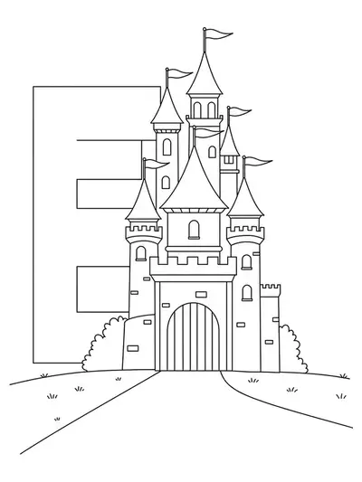 Letter E coloring page with a simple enchanted castle, easy design for preschoolers