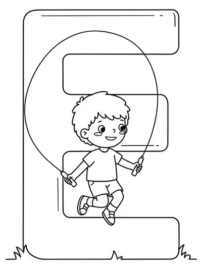 Preschool coloring page with the letter E and a child jumping rope, simple outlines for easy coloring