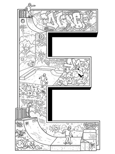 Printable letter E coloring page with skate park ramps, skaters, and graffiti for teens.