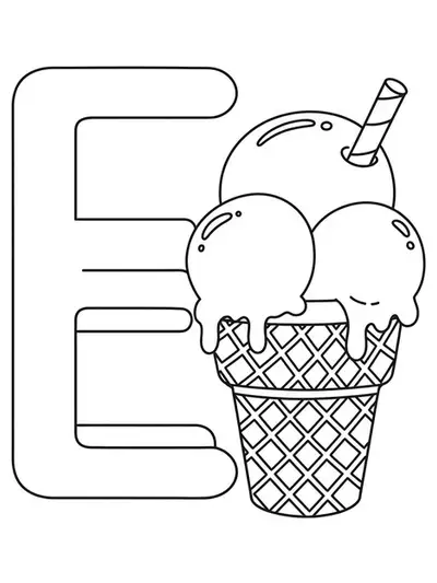 Easy coloring page with the letter E and a large ice cream cone, perfect for preschoolers