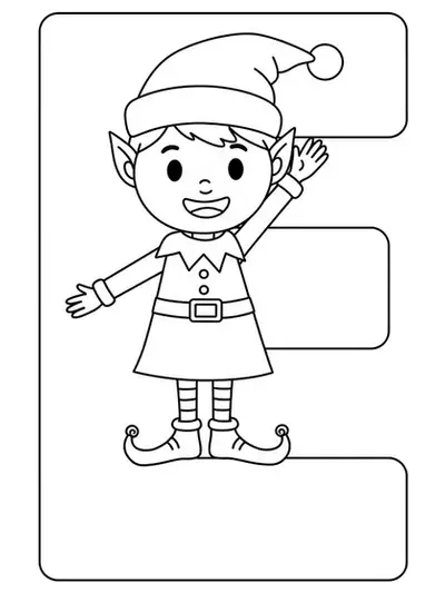 Letter E coloring page with a smiling Christmas elf, simple and easy for preschoolers