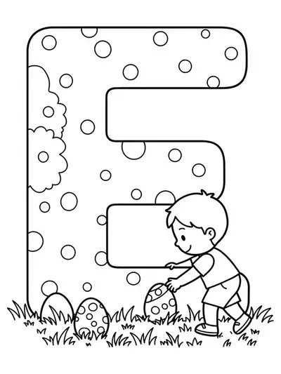 Letter E coloring page with a child finding eggs in the grass, easy design for young children