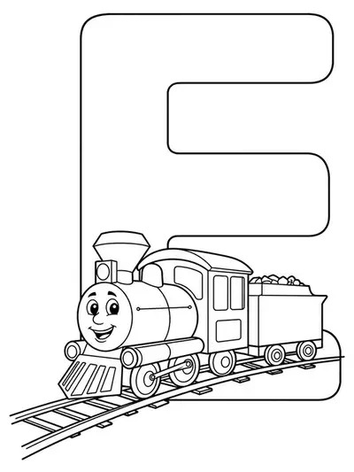 Letter E coloring page with a simple cartoon train engine, designed for easy preschool coloring