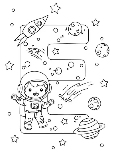 Letter E coloring page with a happy astronaut, large stars, and planets, easy design for preschool kids