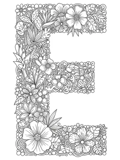 Line art coloring page of the letter E surrounded by exotic plants and flowers, medium complexity for teens.