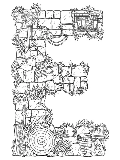 Medium detail line art coloring page of the letter E built from ancient ruins and artifacts for teens.